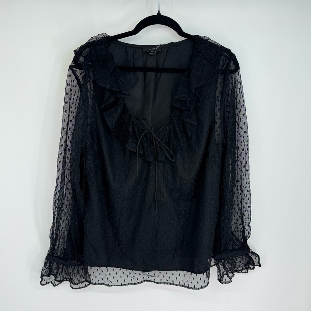 J. Crew Black Swiss Dot Witchy Dark Academia Collared Flare Sleeve Top